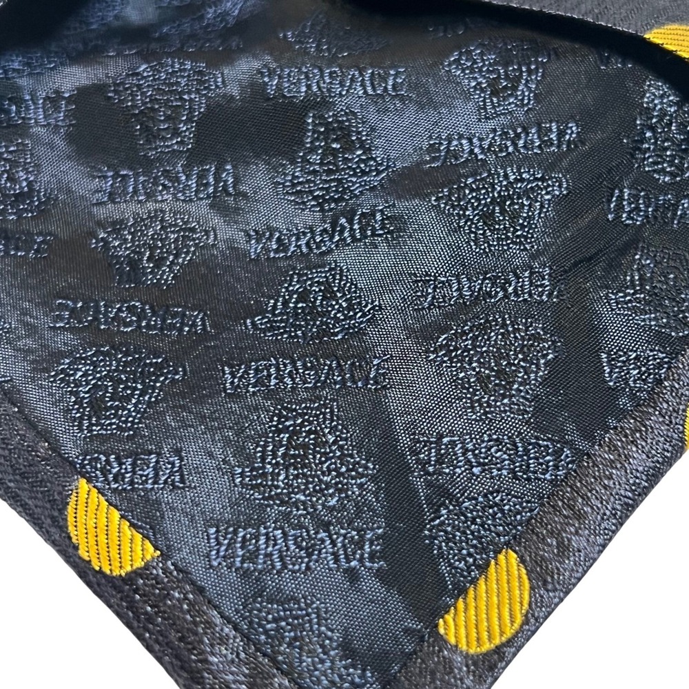 Versace Necktie Mens OS Navy Blue Gold Polka Dot Medusa Head Silk Made in Italy - Picture 2 of 12